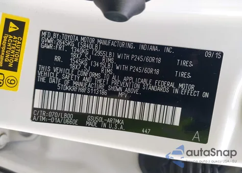 2015 Toyota Highlander Xle V6 из США, поврежденный, VIN 5TDKKRFH8FS113186